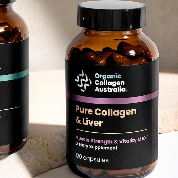 Organic Collagen Australia Pure Collagen & Liver Capsules – Muscle Strength & Vitality with Hydrolyzed Collagen, Grass-Fed Liver, and Vitamin B12 – 120 Capsules