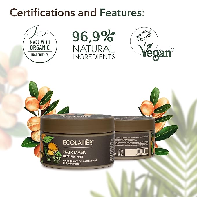 Organic Argana Oil Deep Reviving Vegan Hair Mask for damaged hair- ECOLATIER, 250ml - 96.9% Natural, Restores Shine, Argan & Macadamia Oils - 8.5 Fl Oz