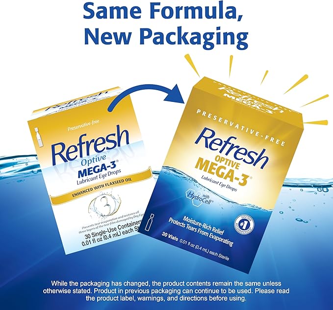 Refresh Optive MEGA-3 Lubricant Eye Drops Preservative-Free Artificial Tears, 0.01 fl oz (0.4 mL), 30 Single-Use Containers