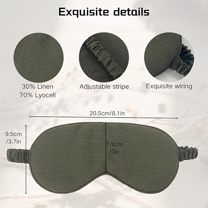 Linen Eye Mask for Girls,Travel Breathable Sleep Mask,Adjustable Strap, Hypoallergenic, Cooling with Travel Bag Gift Package(Dark Olive)