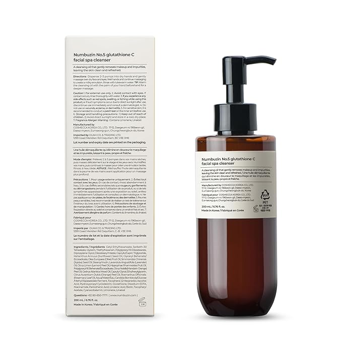 numbuzin No.5 Cleansing Oil | Glutathione C Facial Spa Cleanser | Oil Cleanser for Face | Glutathione, Vitamin C, Niacinamide | Aromatherapy, Uneven Skin Tone | 6.76 fl. oz.