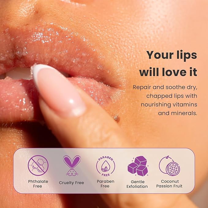 Dermasuri Lip Exfoliator Scrub and Moisturizer, Sugar Scrubs, Overnight Hydration & Softening, Brighten and Soften Dark Lips For Men & Women, Soothing Dryness, Coconut Passion Fruit Flavor 20g/0.7oz