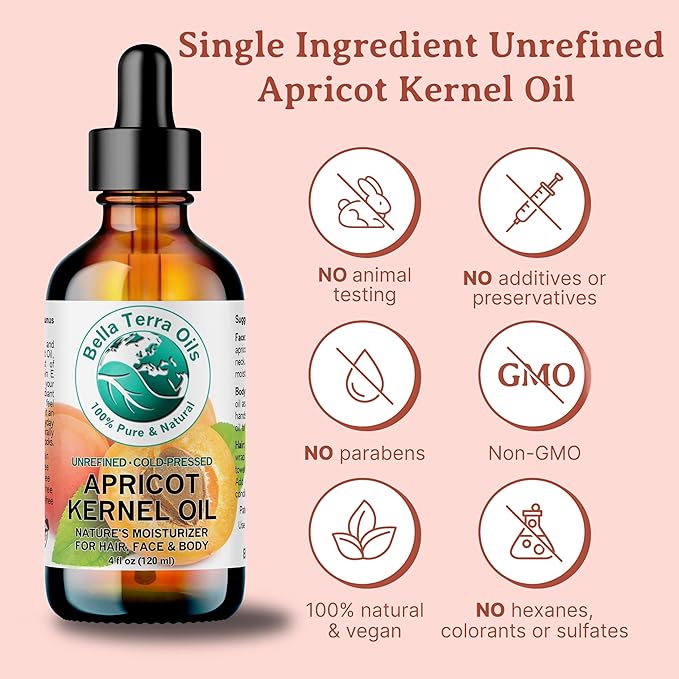 Bella Terra Oils - Organic Apricot Seed Oil 8 oz - Embrace the Bitter Organic Apricot Kernels Richness, Vitamin-Enriched, Perfect for Soothing & Moisturizing Skin