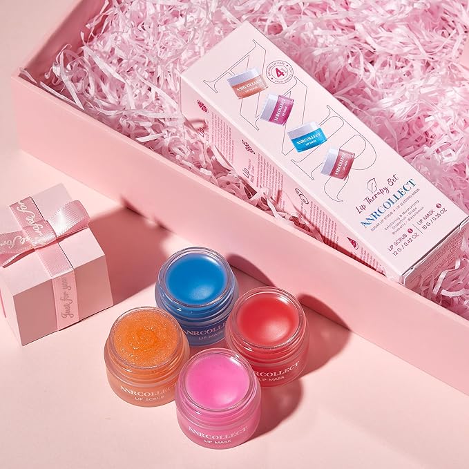 Lip Mask Set, 1 Lip Scrub +3 Overnight Lip Mask, Lip Glowy Balm and Scrub for Women, Exfoliating and Hydrating Dry, Chapped, Crack Lips, 4 Pack Lip Skincare Gift Set
