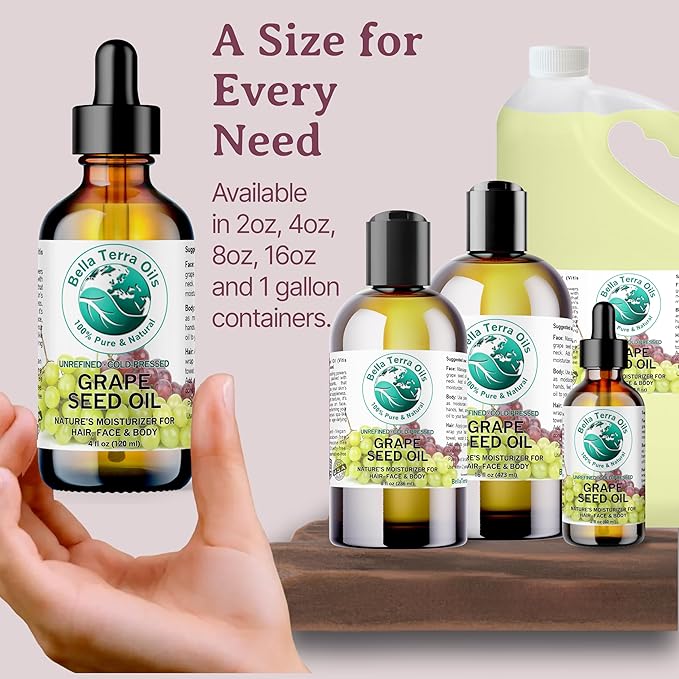Bella Terra Oils Pure Grape Seed Oil – 1 gallon, Antioxidant-Rich, Lightweight, Radiant Skin, Frizz-Free Hair, Silky Touch