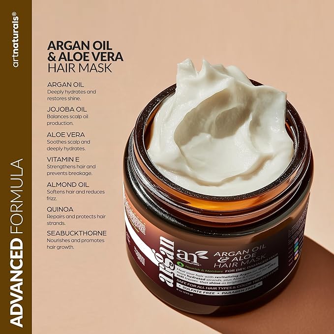 Hair Mask + Silk Bonnet for Sleeping Women Set - Deep Conditioner & Leave-In Conditioner for Dry, Damaged Hair - Argan Oil, Jojoba, Aloe & Keratin - Satin Bonnet for Sleeping, Repair & Hydrate (8 oz)