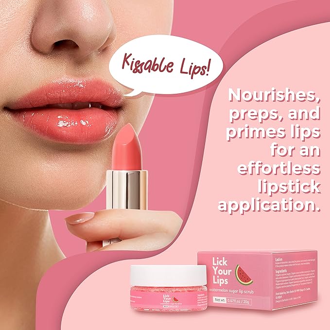 Watermelon Sugar Lip Scrub for Women Dry, Cracked and Dark Lips – Lip Scrubber Exfoliator and Organic Lip Scrubs Exfoliator and Moisturizer with Lip Brush – Vegan, Cruelty-Free Lip Care Products (20g)