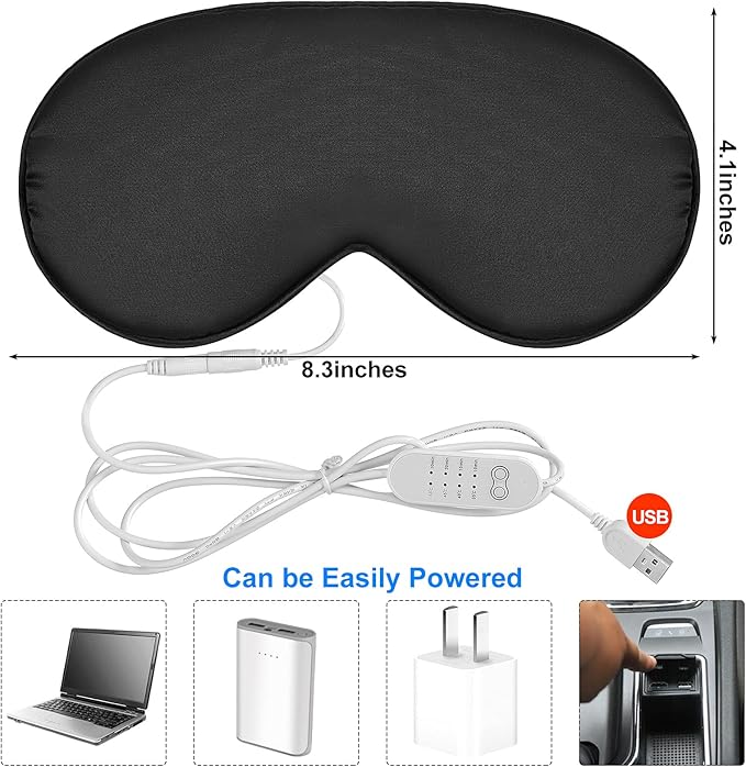 2 Pieces Silk Heated Eye Mask for Dry Eyes USB Steam Warm Compress for Puffy Eyes Adjustable Temp Sleep Eye Mask for Dry Eye, Chalazion, Blepharitis, Stye (Black, Pink)
