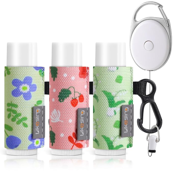 Keychain Chapstick Holder, Lip Balm Holder Lipstick Sleeve Pouch with Clip On, Elastic Lip Gloss Gifts for Friends (Plants, 3pcs)