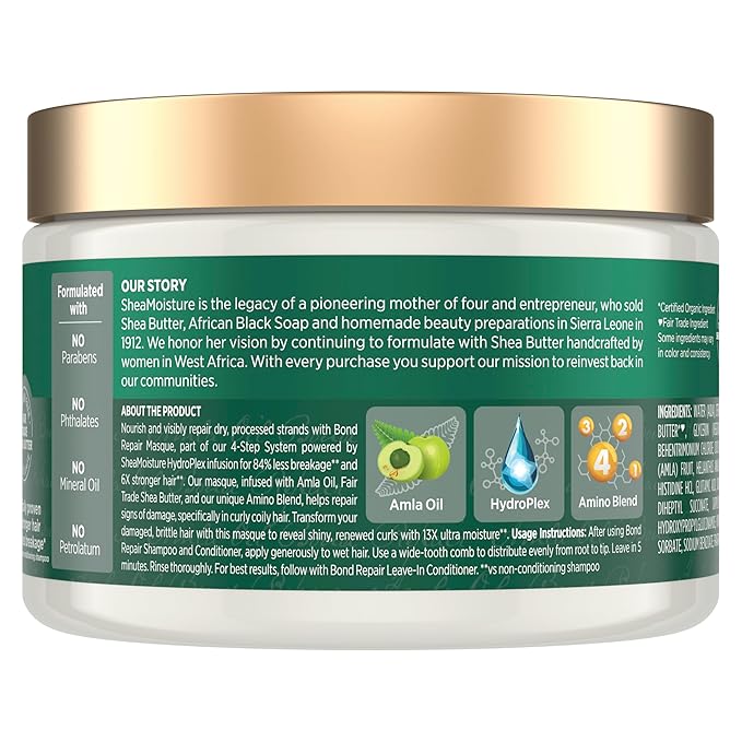 SheaMoisture Bond Repair Masque Amla Oil Deeply Moisturizes and Visibly Repairs Damage with Hydroplex Technology and Amla Oil for Stronger Hair with Restorative HydroPlex Infusion 11 oz