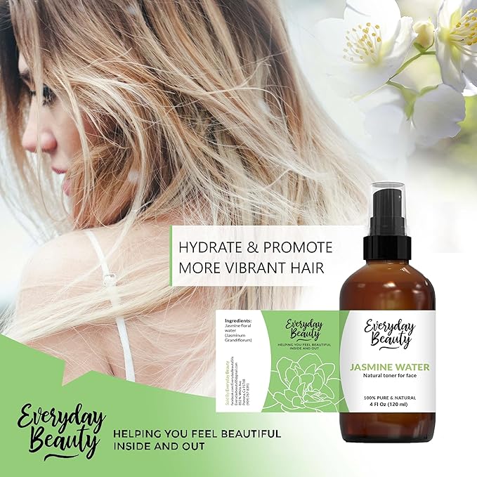 Jasmine Water Facial Toner - All Natural Hydrating Spray Mist for Face and Hair - 100% All Natural Jasmine Water Hydrosol 4oz with Fine Mist Cap