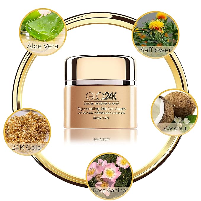 GLO24K Rejuvenating 24k Eye Cream and Serum With 24k Gold, Hyaluronic Acid, Vitamins A,C,E