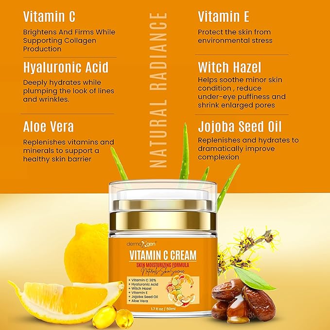Vitamin C Moisturizing Cream - Organic Glowing Skin Anti-Aging, Rejuvenating, Boosting Collagen Hydrating for Dull, Dry & Sensitive & Oily Skin - 1.7 FL OZ.