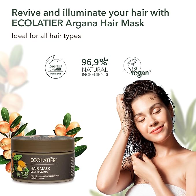 Organic Argana Oil Deep Reviving Vegan Hair Mask for damaged hair- ECOLATIER, 250ml - 96.9% Natural, Restores Shine, Argan & Macadamia Oils - 8.5 Fl Oz