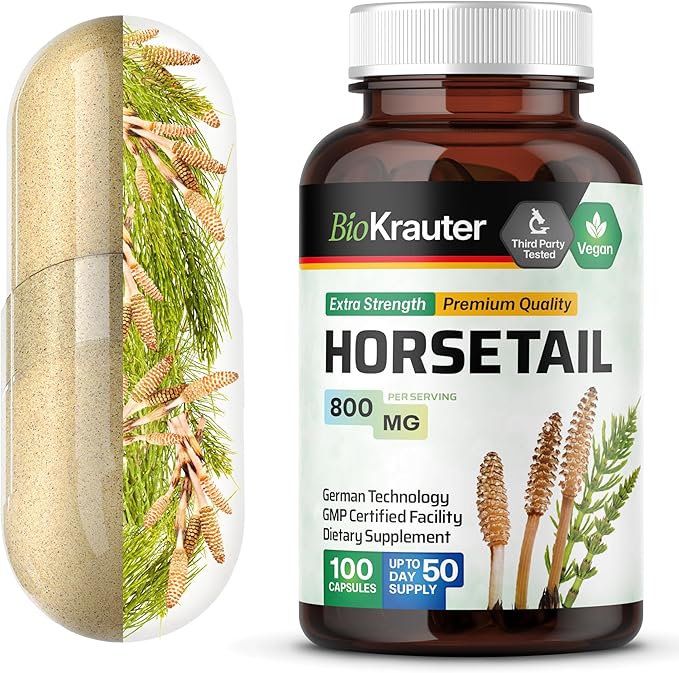 BIO KRAUTER Horsetail Herb Capsules - 800 mg Strength - 100 Count - Horsetail Powder Capsules - Hair Support
