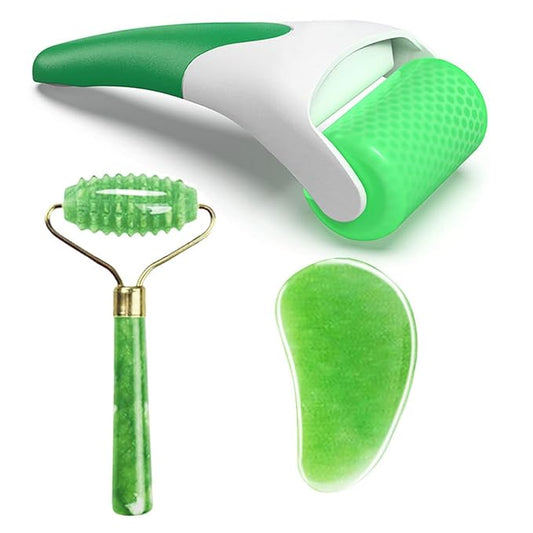 FA FIGHTART 4 in 1 Jade Gua Sha Set Ice Roller Face Rollers Freezer Frozen Cooling Face Massager Massage Tool