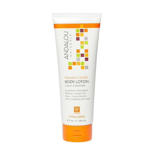 Andalou Naturals Vitalizing Body Lotion, Mandarin Vanilla Body Moisturizer, 8 Oz, Shea Butter, Cocoa Butter, Argan Oil, Rosehip Oil & Aloe Vera, Vegan