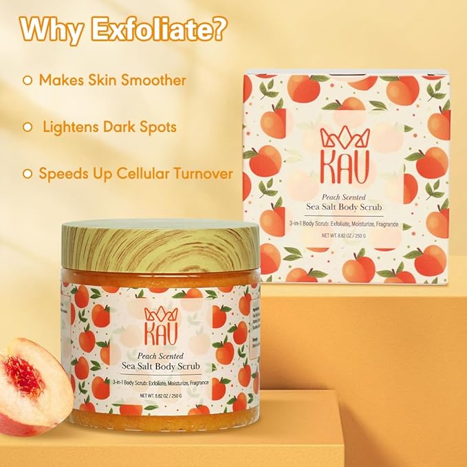 KAV Salt Body Scrub - Natural Exfoliating Salt Scrub for Body and Face, Helps with Moisturizing Skin, Dead Cell Removal, Rejuvenation and Relaxation, 4 Scents (Peach)