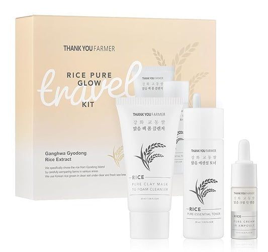 THANKYOU FARMER Rice Pure Glow Travel Kit, Mini Size Cleanser(1.05 fl oz), Mini Size Toner(1.05 fl oz), Mini Size Ampoule(0.35 fl oz)