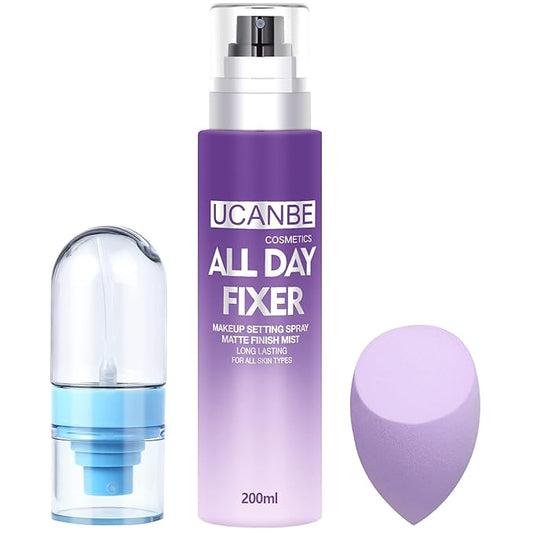 Long Lasting Makeup Setting Spray Kit- 6.76 Fl oz Hydrating Matte Finish Mist Lightweight Face Make up Fixer +Travel Size Spray Bottle+Sponge Puff Makeup Set