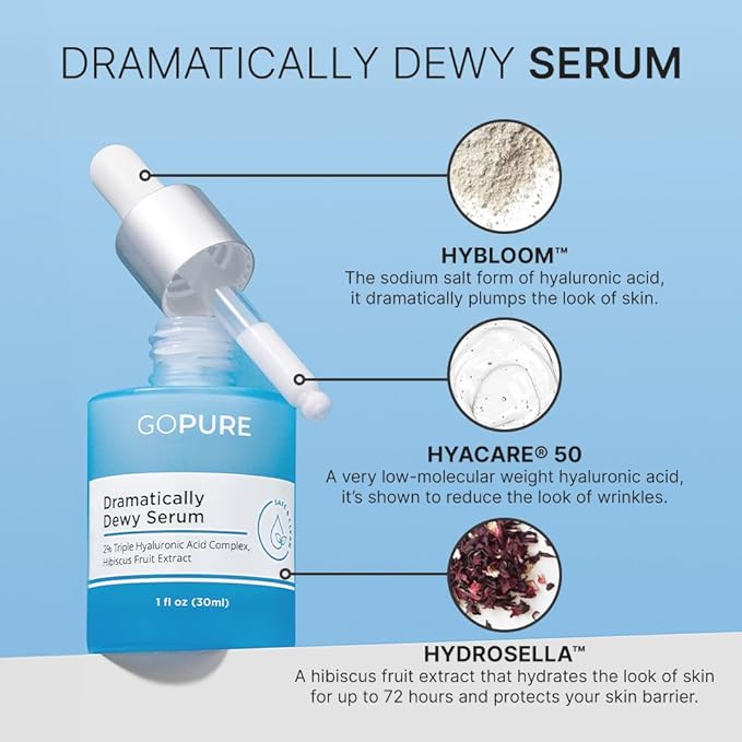 goPure Hyaluronic Acid Dramatically Dewy Serum - Hyaluronic Acid Serum for Face in a Nourishing Formula with Aloe Vera and Hibiscus Extract for Visibly Hydrated, Smoother-Looking Skin - 1 fl oz