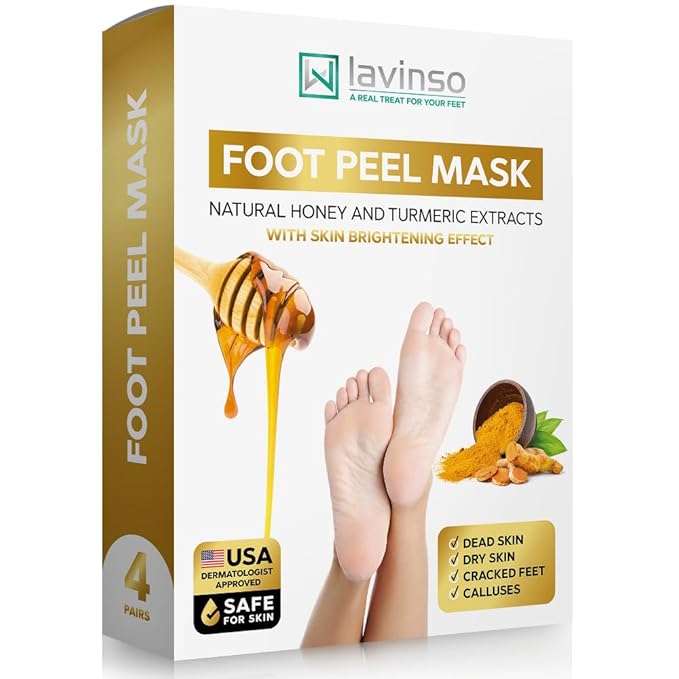 Lavinso Honey Feet Peeling Mask for Dry Cracked Feet - 4 Pack - with Kojic Acid Skin Brightening Effect - Exfoliating Dead Skin and Calluses - Foot Peel Mask for Baby Soft Feet