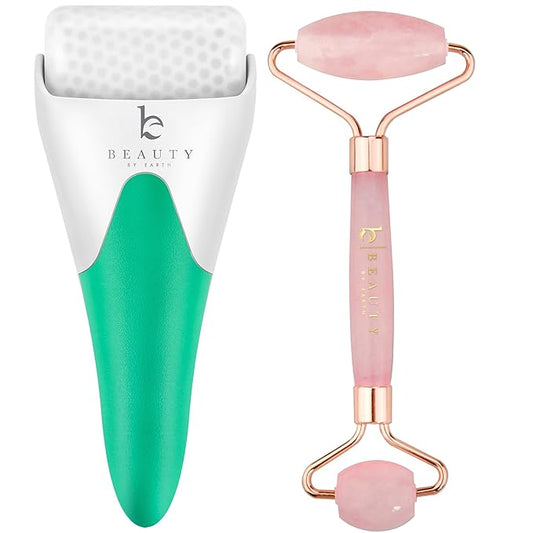 Beauty by Earth Ice & Rose Quartz Roller for Face - Face Massager Skin Care Tools with Small Eye Roller for Puffy Eyes