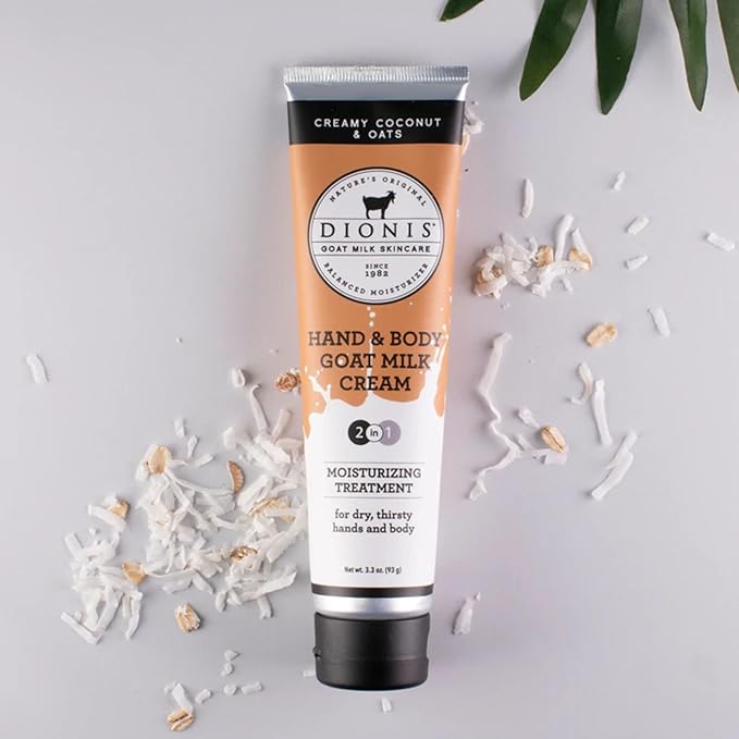 Dionis Goat Milk Skincare Creamy Coconut & Oat 8.5oz Hydrating Body Lotion and 3.3oz Hand & Body Moisturizing Travel Size Cream Bundle, Natural Ingredients, Made in the USA, Cruelty Free, Paraben Free