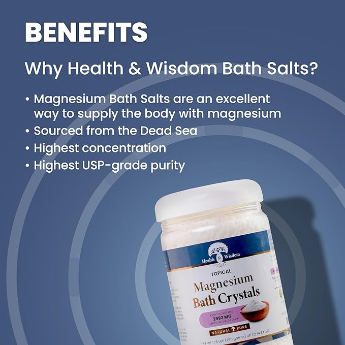 Health and Wisdom Magnesium Bath Salt - Magnesium Chloride Flakes for Bath Soak, 4X Epsom Salt Concentration, Unscented Formula, Dead Sea Sourced, Zero Additives - 28 Ounces