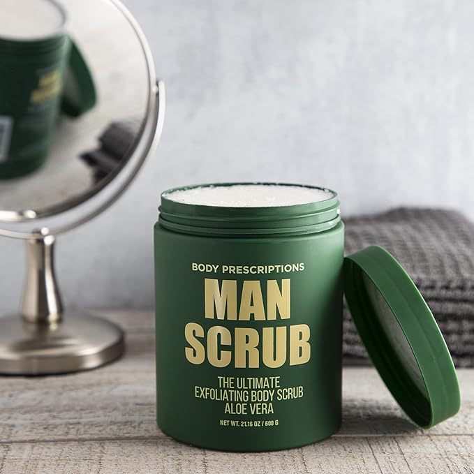 Body Prescriptions Men’s Exfoliating Body Scrub – Ultimate Skin Cleansing Wash in Jar with Twist-Top Lid, For All Skin Types, 21 Ounce (Pack of 4), Aloe Vera