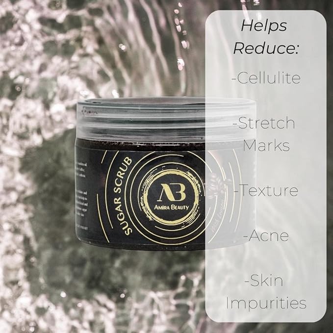 AB Amira Beauty Sugar Body Scrub - Moisturizing, Exfoliating Deep Skin Cleanser. Reduces Acne, Cellulite, Stretch Marks, Dead Skin, Scars, and Wrinkles 14oz (Coffee)