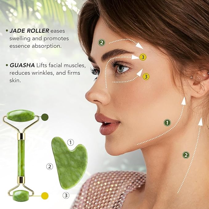 2 Pack – Gua Sha Facial Tools & Jade Roller Set, for Face & Body, Face Sculpting, Jade Face Roller & Face Massager to Reduce Puffiness, Wrinkles, Self-Care Gift for Women & Men