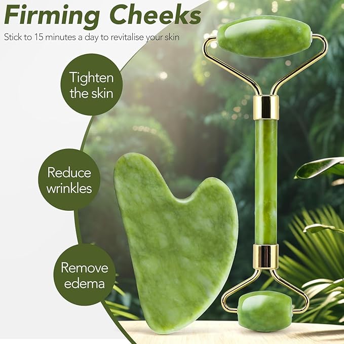 2 Pack – Gua Sha Facial Tools & Jade Roller Set, for Face & Body, Face Sculpting, Jade Face Roller & Face Massager to Reduce Puffiness, Wrinkles, Self-Care Gift for Women & Men