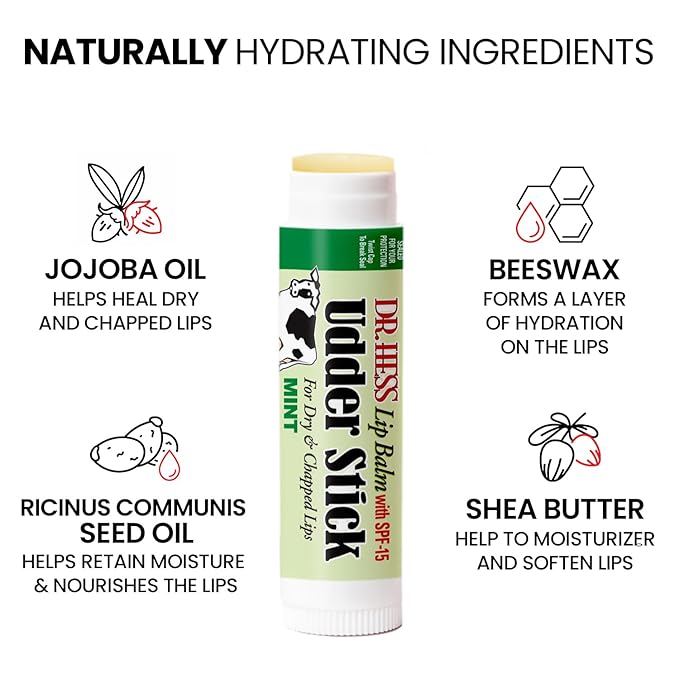Original Udder Stick SPF Lip Balm, Soothing Moisturizer Sun Screen Balm for Dry Lips with Jojoba, Beeswax & Shea Butter, Total Lip Care, Hydration & Repair, Mint Flavor, 4 Pack