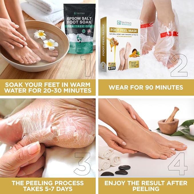Lavinso Honey Feet Peeling Mask for Dry Cracked Feet - 4 Pack - with Kojic Acid Skin Brightening Effect - Exfoliating Dead Skin and Calluses - Foot Peel Mask for Baby Soft Feet