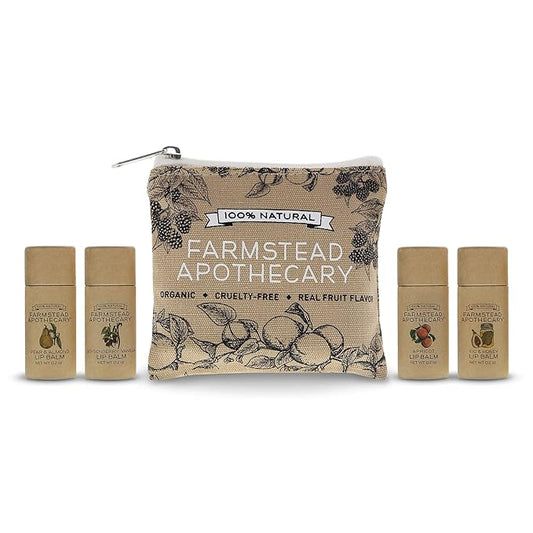 Farmstead Apothecary Lip Balm Gift Set with Pouch - Reusable Pouch Includes 4 -.2 oz Lip Balms - Boysenberry Vanilla, Fig & Honey, Pear & Almond , Apricot ,1 each. 100 % Natural, 99% Organic