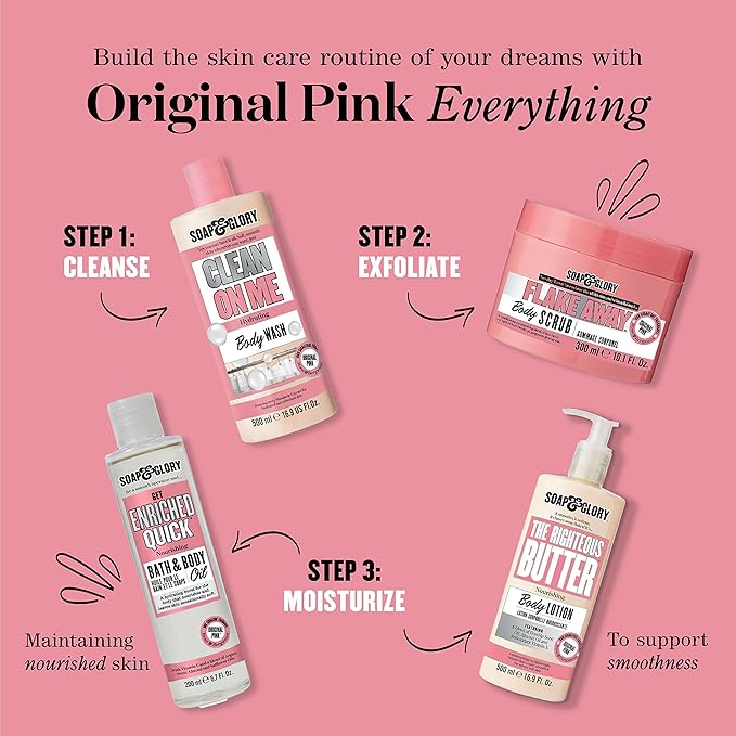 Soap & Glory Original Pink The Righteous Butter Moisturizing Body Lotion Pump - Shea Butter, Vitamin E & Aloe Vera Vegan Body Moisturizer - Rose & Bergamot Scented Lotion (500ml)